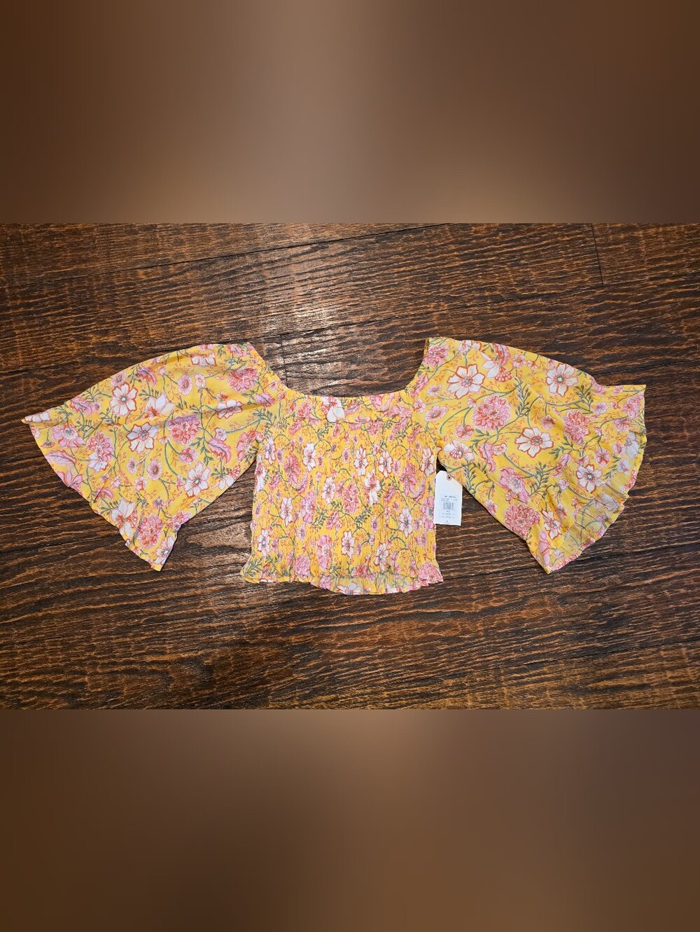 NWT Billabong Floral Smocked Crop Top M Bell Sleeve Yellow Pink Boho